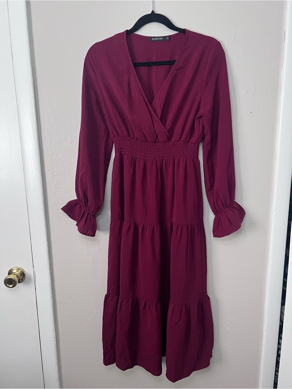 Vero Moda Wine Long-Sleeve Smocked Waist Tiered Midi Dress